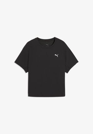 Czarny t-shirt Puma z krótkim rękawem, okrągłym dekoltem i małym białym logo Puma na lewej piersi.
