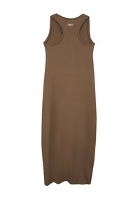 Brązowa, bezrękawnikowa sukienka maxi z okrągłym dekoltem i gładkim, elastycznym materiałem. Posiada prosty, dopasowany krój bez ozdób.