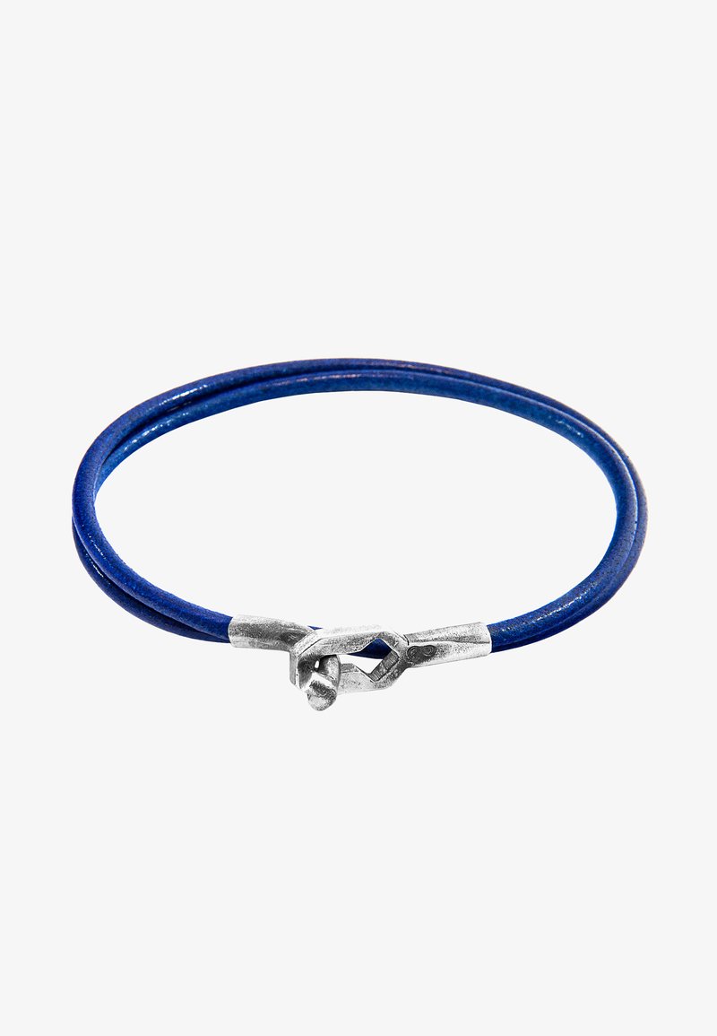 Blue leather bracelet with silver metal clasp. Smooth texture and circular shape. Features a double loop design with a secure fastening.