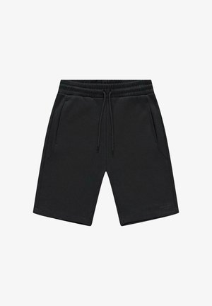 Zwarte korte broek gemaakt van zachte stof, met een elastische tailleband met trekkoord, twee zijzakken en een rechte pasvorm.