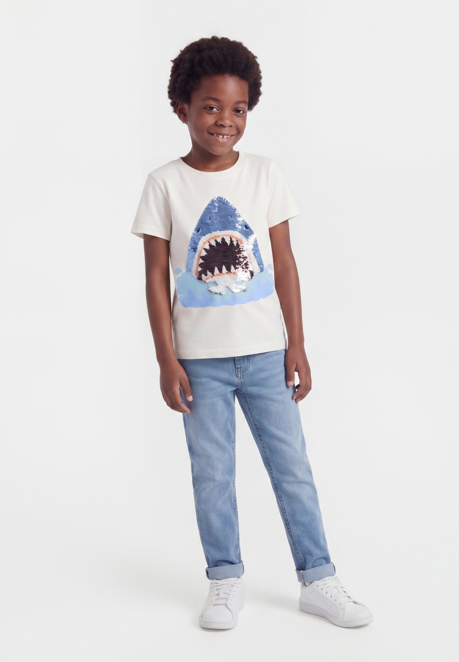 tinchan Lindex SHARK SEQUINS - Marškinėliai su spaudiniu - off white