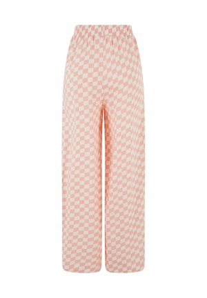 Voľné nohavice s ružovo-krémovým kockovaným vzorom a elastickým pásom.