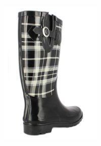 Zwarte rubberen regenlaars met een gestructureerd patroon in wit en grijs op de schacht, voorzien van een gesp en een gebogen bovenrand.