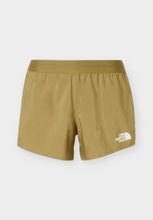 Lichtbruine atletische herenshorts met elastische tailleband en wit The North Face-logo op het onderste linkerpijpje, op een witte achtergrond.