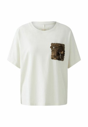 Witte katoenen T-shirt met een losse pasvorm, voorzien van een vierkante zak versierd met bronzen pailletjes aan de voorkant aan de linkerkant.