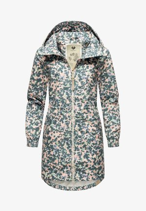 Veste longue imperméable avec capuche, fermeture éclair intégrale à l'avant, poignets élastiques, et motif camouflage pixellisé en rose, vert et gris.