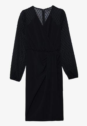 Zwart jurkje met een wikkelontwerp, lange doorzichtige mouwen met stippen, bijeengehobbelde taille en een soepele rok met zijdrapingdetail.