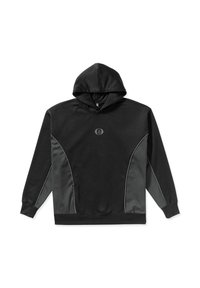 Sweat à capuche noir avec panneaux latéraux gris, poignets et ourlet côtelés, et un petit logo centré sur la poitrine.
