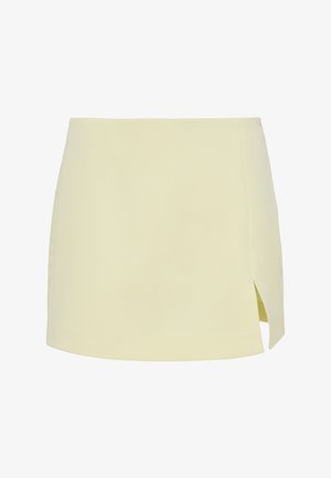 Kreemivärvi miniseelik sirge lõikega ja väikese lõhikuga paremal küljel, valmistatud siledast kangast.