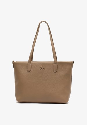 Vahva nahkainen kantokassi kahdella kahvalla, teksturoitu pinta ja pieni painettu logo edessä. Vetoketjulla suljettava yläosa. Suorakulmainen muoto.