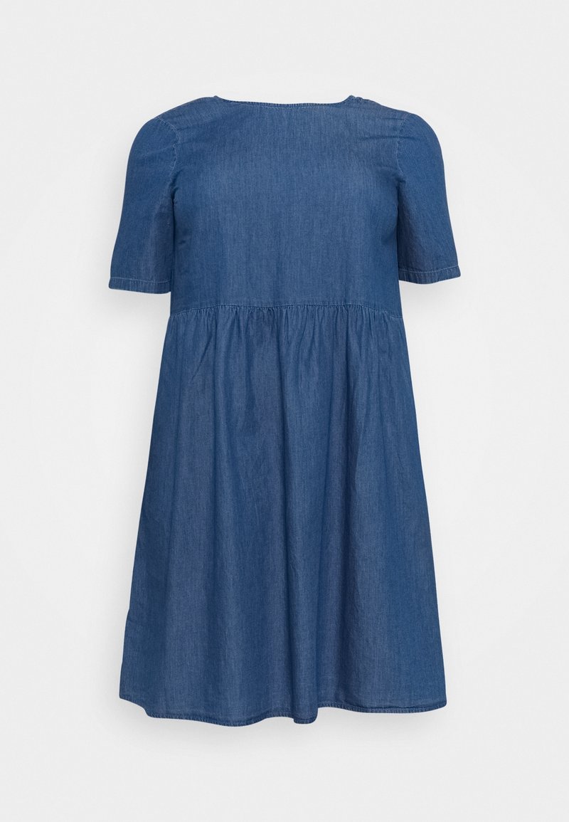 Dunkelblaues Denim-Kleid, kurze Ärmel, geraffte Taille und ausgestellter Rock. Glatte Textur mit rundem Ausschnitt und subtilen Nähten.