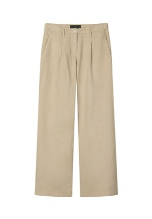 Beige Hosen mit weitem Bein, vordere Falten, Seitentaschen, Gürtelschlaufen und Knopfverschluss, aus leichtem Stoff gefertigt.