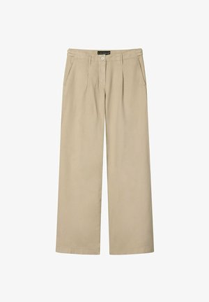 Beige Hosen mit weitem Bein, vordere Falten, Seitentaschen, Gürtelschlaufen und Knopfverschluss, aus leichtem Stoff gefertigt.