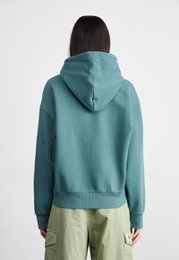 Teal katoenen hoodie met een grote capuchon, ribgebreide manchetten en zoom. De achterkant toont een eenvoudig ontwerp zonder patronen of versieringen.