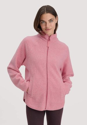 Helle rosa Fleecejacke mit hohem Kragen, Reißverschluss und seitlichen Taschen. Weicher Stoff und lockere Passform.