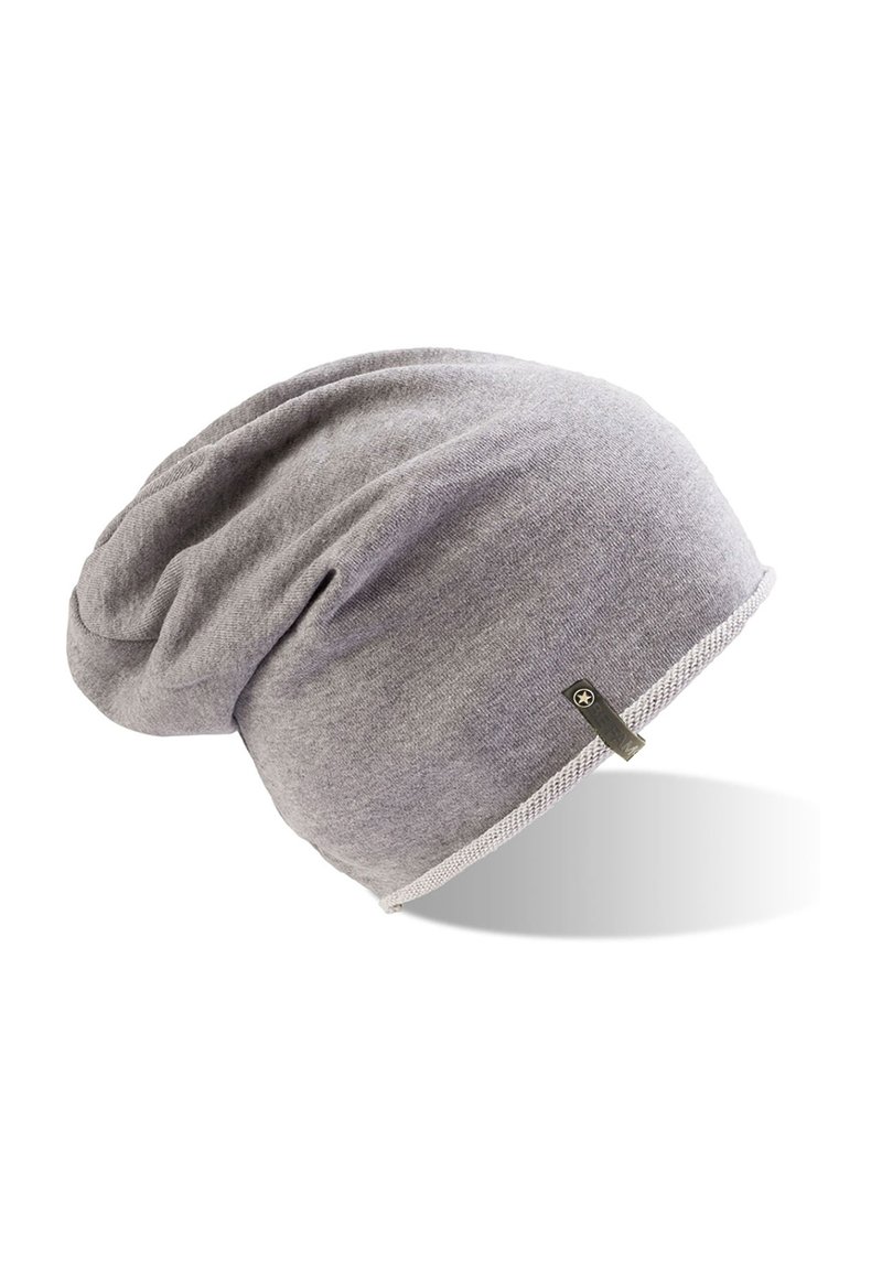 Gray beanie made of soft fabric, featuring a slouchy design with a ribbed white accent along the bottom and a small logo tag on the side.