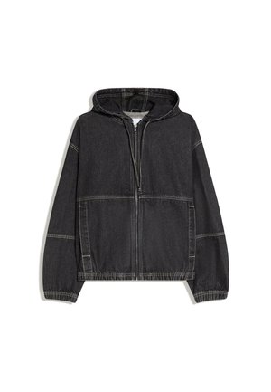 Jachetă neagră din denim cu glugă, fermoar frontal, mâneci lungi, buzunare laterale și mansete elastice și tiv.