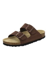 Brown suede slide sandal with two adjustable straps, metal buckles, a cork footbed, and a textured black rubber sole.