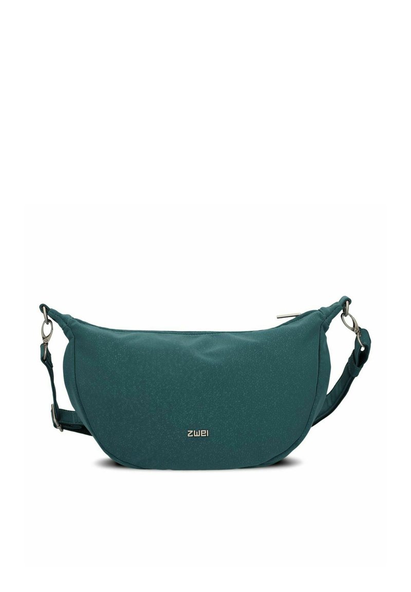 Borsa a tracolla in tessuto morbido color turchese di forma arrotondata, con logo in tonalità argento e tracolla regolabile. Superficie testurizzata con schemi sottili.