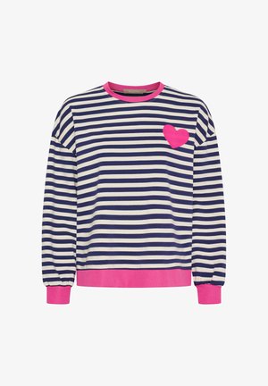 Langærmet skjorte med navyblå og hvide striber, pink krave, manchetter og kant samt et pink hjerte på venstre bryst.