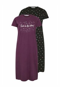 Två bomullsnattlinnen; ett i lila med stjärnmönster och texten "titta mot stjärnorna", det andra i svart med färgglatt stjärntryck.