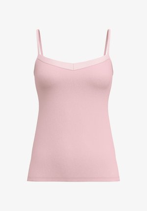 Light pink sleeveless top with a v-neck design. Made of soft, smooth fabric with thin straps and a fitted silhouette.
