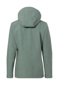 Giacca verde impermeabile con finitura texturizzata, dotata di cappuccio, maniche lunghe e polsini regolabili. Il retro presenta un design semplice.