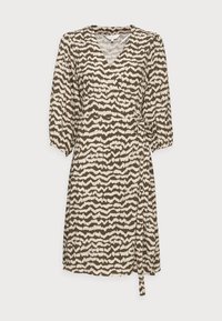 Vestido envolvente em verde-azeitona com padrão abstrato em creme, decote em V, mangas longas bufantes e um laço na cintura. Tecido suave e corte até ao joelho.