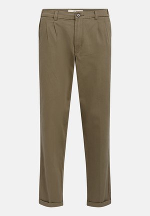 Olivgrüne Baumwollhose mit geradem Schnitt, vorne mit Bügelfalten, Knopfverschluss und umgeschlagenen Säumen.