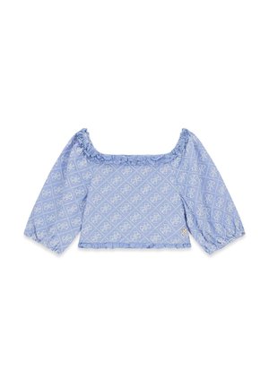 Blusa azzurro chiaro corta con maniche tre quarti a sbuffo, scollo quadrato, bordi arruffati e motivo geometrico bianco.