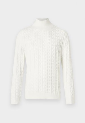 Maglione bianco a collo alto lavorato a maglia con motivo a trecce, collo a coste e maniche lunghe. Texture morbida con una silhouette aderente.