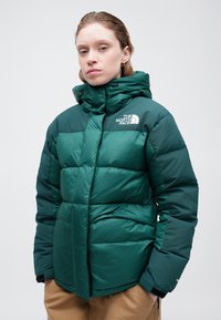 Ženska, oblečena v zeleni in temno teal napihnjeni jakni North Face s kapuco ter v svetlih hlačah, stoji ob enotni svetli ozadju.