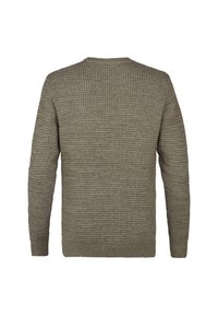 Pull en maille à manches longues de couleur vert olive avec motif côtelé texturé et encolure ronde, vu de dos.