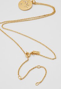 Goldkette mit einem runden Anhänger, der ein Sternbild-Design zeigt, feine Kette und einem Karabinerverschluss für sicheren Halt.