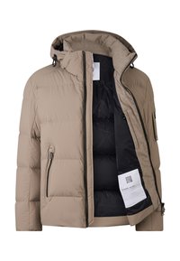 Beige pufferjack met ritsluiting, gewatteerde textuur en een zachte grijze binnenkant. Heeft een zijzak en een capuchon voor extra warmte.