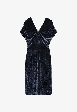 Námorníckomodrá zamatová dress s drapovanými krátkymi rukávmi, V-krkom a priliehavým pásom. Hladká textúra s jemným leskom a dĺžkou po kolená.