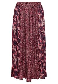 Gonna maxi in stile bohemien con un design a fantasia nei colori rosso, rosa e nero. Presenta una vita elasticizzata per il massimo comfort.
