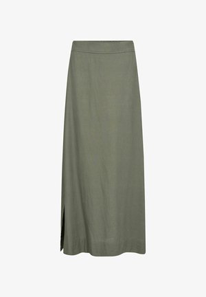 Olīvu zaļa lina svārki ar taisnu siluetu un sānu šķēlumu; ar platu jostu un gludu virsmu.