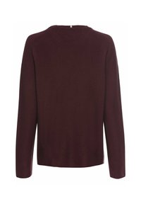 Bordeauxfarbener Pullover mit langen Ärmeln und leichter Textur, rundem Ausschnitt und geradem Schnitt. Verfügt über ein kleines Detail an der Rückseite und gerippte Kanten.