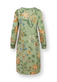 Langarmige groene jurk met ribbeltextuur en een meerkleurig bloemenpatroon in oranje, blauw, geel en witte accenten.