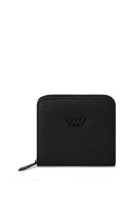 Black zippered wallet featuring embossed dot texture, logo accent, and smooth leather material. Compact rectangular shape.