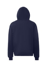 Felpa con cappuccio blu navy in morbido tessuto, caratterizzata da una vestibilità comoda, polsini e orlo a costine, con dettagli di cucitura nelle cuciture.