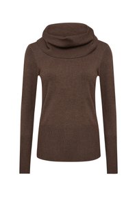 Brun långärmad tröja med bred vikbar polokrage samt ribbade mudd och midja, tillverkad av stickat tyg.