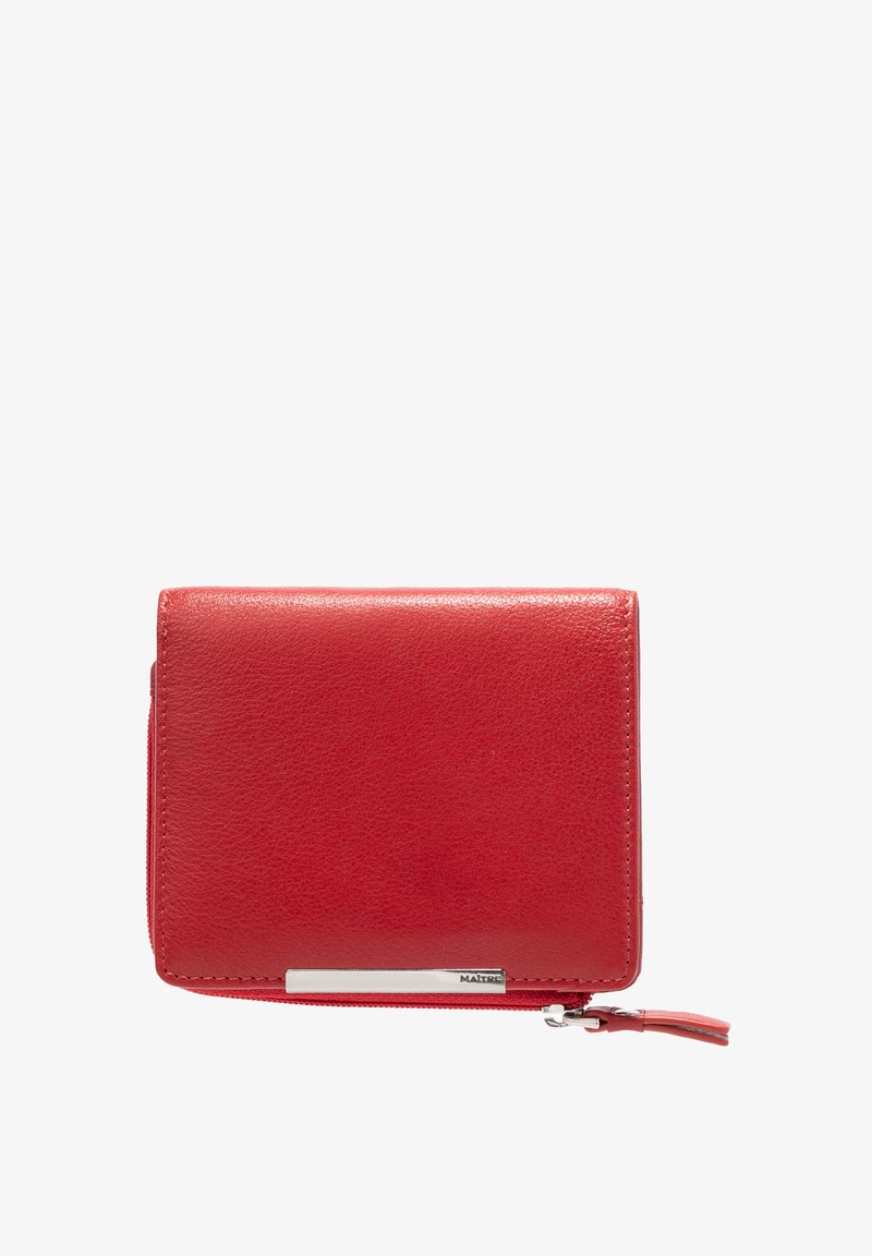 Rote Lederbörse mit strukturiertem Finish, ausgestattet mit einem Reißverschlussfach, silbernen Beschlägen und einem Logo-Detail auf der Vorderseite.