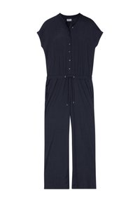 Marine overall met korte mouwen, knoopsluiting aan de voorkant, een taille met trekkoord en zijzakken. Gemaakt van een lichte, gestructureerde stof.