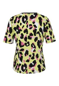 Short-sleeve top featuring a yellow base with black and pink leopard print pattern, round neckline, and a smooth texture.