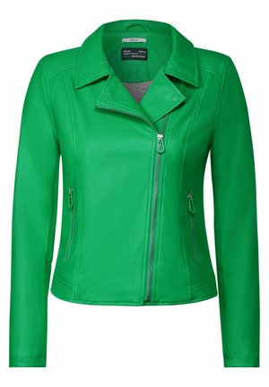 Grøn jakke i kunstlæder med krave, skrå frontend lynlås og sidelommer. Glat tekstur med tætsiddende design.
