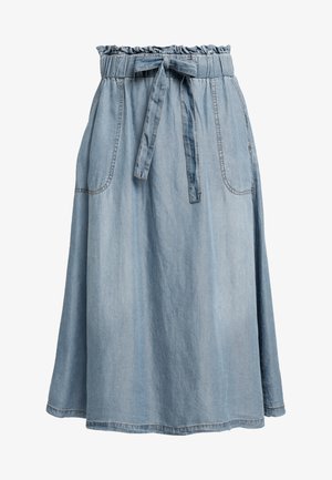 Jeans A-Linien-Rock in hellblau mit einem gerafften Taillenbund und einer Schleife, ausgestattet mit zwei Seitentaschen und sichtbaren Nähten.