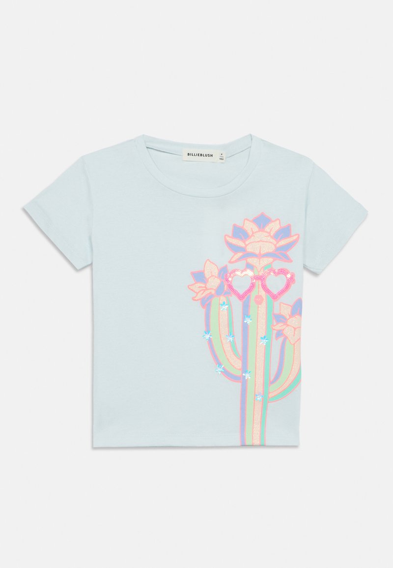 Ανοιχτό μπλε κοντομάν ικο μπλουζάκι με γραφικό κάκτου που έχει ρόζ και μπλε λουλούδια, καρδιές και λαμπερά στοιχεία στο μπροστινό μέρος.