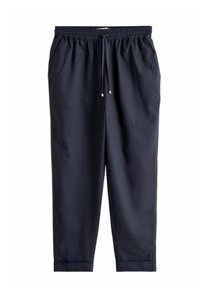 Navy blue casual pants with elastic waistband, adjustable drawstring, side pockets, and cuffed hems.